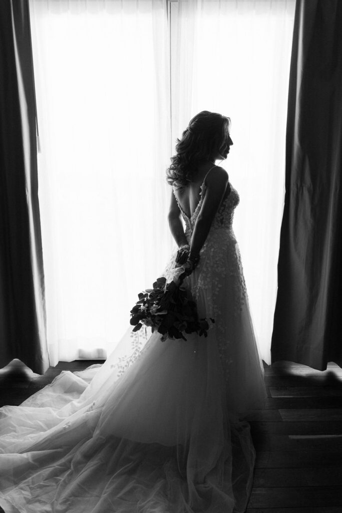bride silhouette backlight full dress getting ready