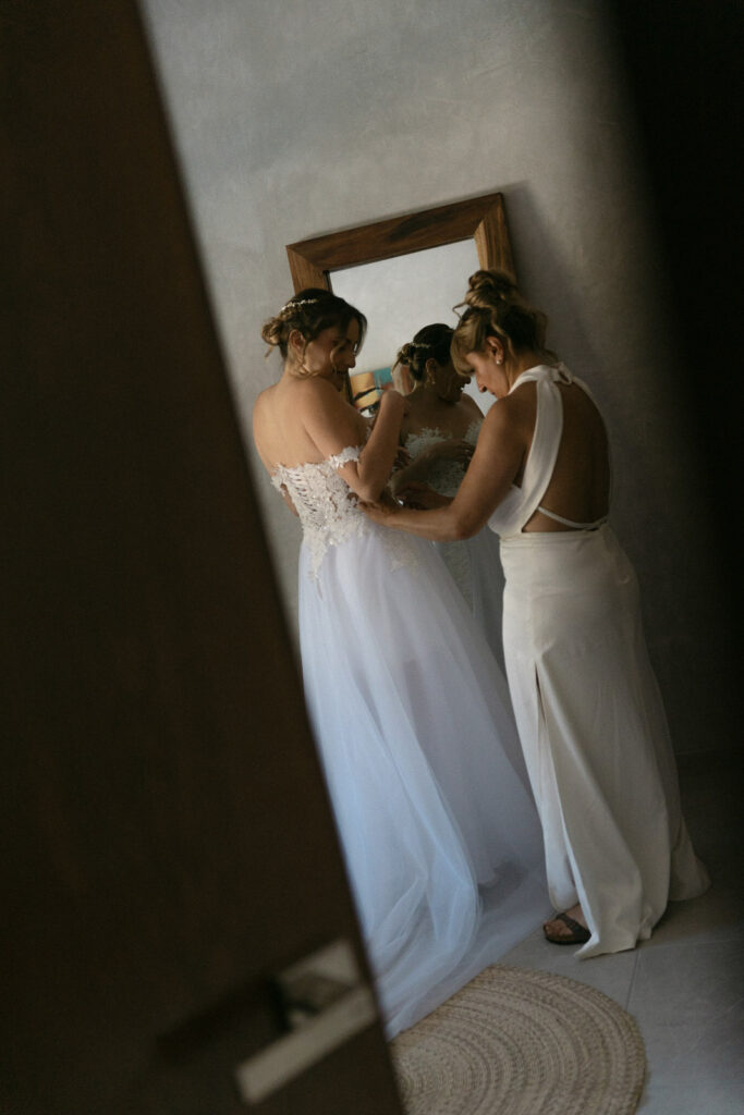 bride and mom getting ready destination wedding Cancun Riviera Maya