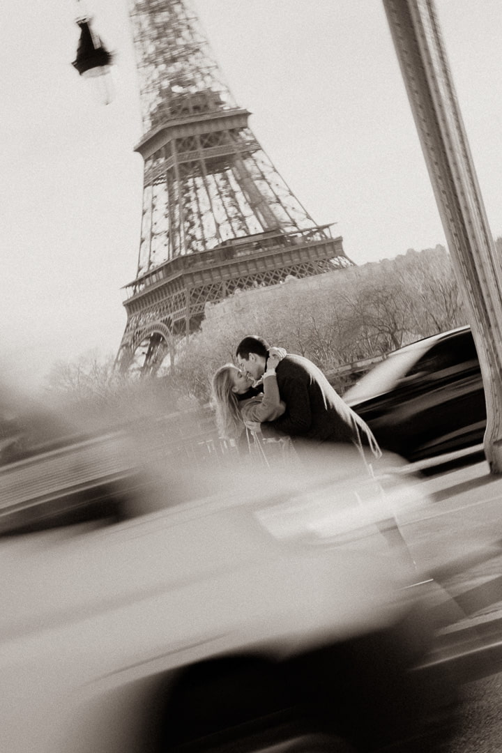 Editorial couple portrait in Paris for destination wedding engagement session, Cancun wedding photographer Casandra Films