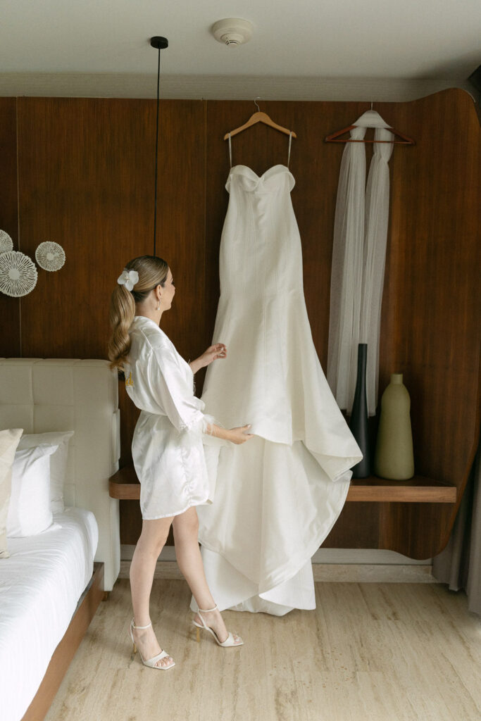 wedding dress hanging bridal suite Cancun getting ready